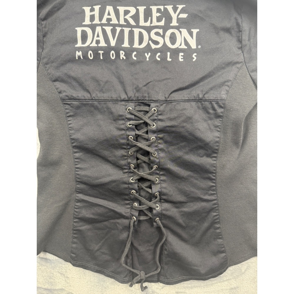 Harley Davidson Shirt Women Willie G Skull Zip Front Lace Back Black Medium - Picture 8 of 9